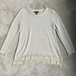 Style & Co Knit Lace Embroidered Flowy Hem Long Sleeve Beige Tan Blouse Top S